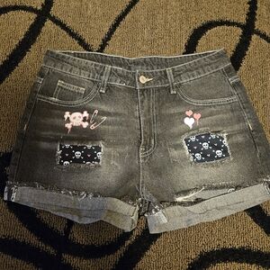Black Denim Shorts with Girly Skulls